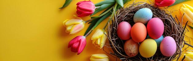 ai gegenereerd kleurrijk Pasen eieren en kleurrijk tulpen in Pasen nest Aan geel foto