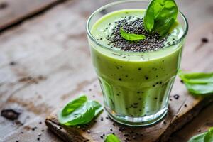 ai gegenereerd groen smoothie met chia zaden en sommige bladeren, foto