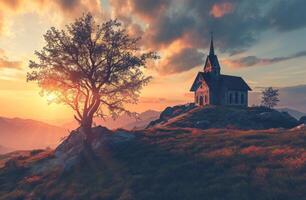 ai gegenereerd een kerk Aan een heuvel Bij zonsondergang met een boom foto