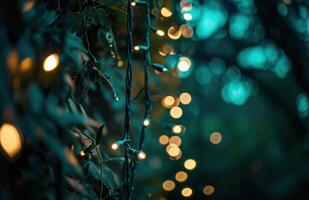 ai gegenereerd verlicht fee lichten hangende van een draad in een buitenshuis tuin foto