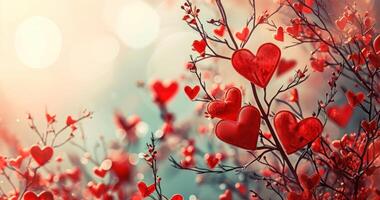 ai gegenereerd een Valentijnsdag dag beeld met rood harten en bloemen foto