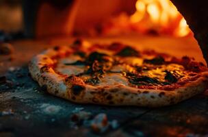 ai gegenereerd een pizza is gekookt in een hout ontslagen pizza oven foto