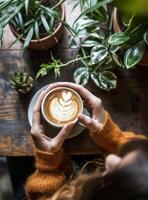 ai gegenereerd een vrouw hoofd is Holding een koffie kop met wit schuimend koffie over- fabriek foto