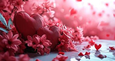 ai gegenereerd een Valentijnsdag dag beeld met rood harten en bloemen foto