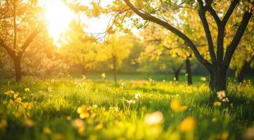 ai gegenereerd een leeg veld- vol van bomen en groen gras foto