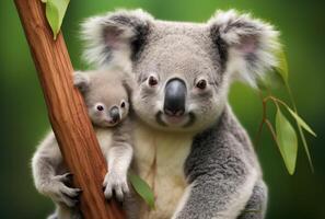 ai gegenereerd een beeld van koala's Aan de schouders van hun moeder foto