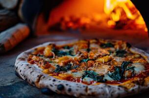 ai gegenereerd een pizza is gekookt in een hout ontslagen pizza oven foto
