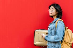 ai gegenereerd Aziatisch vrouw Holding een koffer met een boek tegen rood muur foto