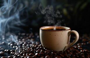 ai gegenereerd koffie mok en koffie bonen Aan een zwart achtergrond foto