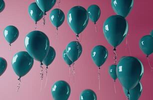 ai gegenereerd blauw helium ballonnen geschorst van een roze plafond foto