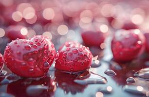 ai gegenereerd rood harten zijn geplaatst Aan een tafel top met water druppels foto