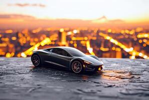ai gegenereerd elektrisch model- auto in voorkant van een stad in de zonsondergang foto