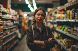 ai gegenereerd vrouw op te slaan klerk staand met armen gekruiste in een markt foto