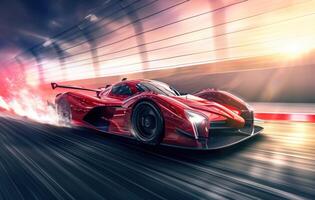 ai gegenereerd in een eerder kunst illustratie een rood racing auto beweegt Bij hoog snelheid in beweging foto