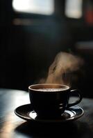 ai gegenereerd heet koffie in donker kamer en zwart tafel foto