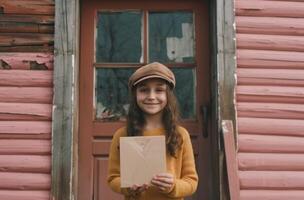 ai gegenereerd glimlachen jong meisje Holding een envelop buiten haar huis foto