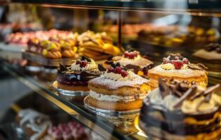 ai gegenereerd cakes zittend in een glas geval foto