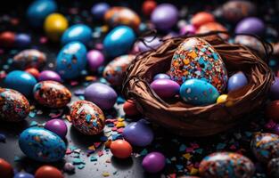 ai gegenereerd chocola Pasen eieren en hagelslag Aan een tafel foto