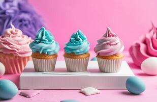 ai gegenereerd kleurrijk cupcakes en cupcakes geplaatst in de buurt een wit plein banier foto