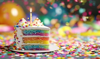 ai gegenereerd kleurrijk verjaardag taart met kaars Aan achtergrond foto