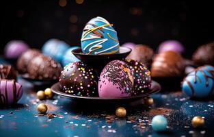 ai gegenereerd Pasen eieren Aan een blauw tafel Aan top van hagelslag en chocola foto