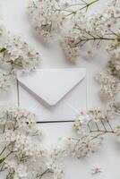 ai gegenereerd een wit kaart envelop is geplaatst binnen een bloemen kader foto