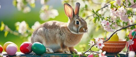 ai gegenereerd Pasen konijn Aan een tafel in natuurlijk voorjaar tuin met Pasen eieren foto