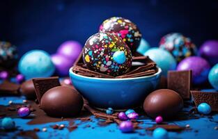 ai gegenereerd Pasen eieren Aan een blauw tafel Aan top van hagelslag en chocola foto