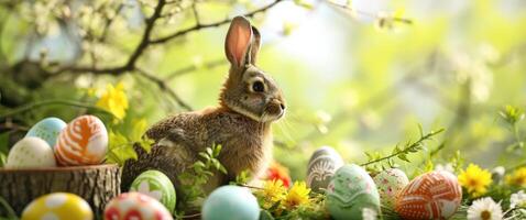 ai gegenereerd Pasen konijn Aan een tafel in natuurlijk voorjaar tuin met Pasen eieren foto