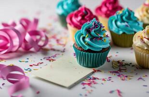ai gegenereerd kleurrijk cupcakes en verjaardag kaart foto