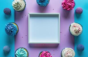 ai gegenereerd kleurrijk cupcakes en cupcakes geplaatst in de buurt een wit plein banier foto