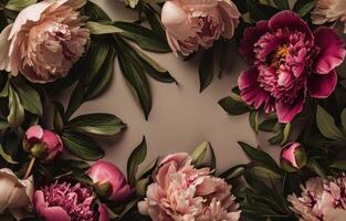 ai gegenereerd bloemen kader gemaakt van roze en groen pioenrozen, en bladeren foto