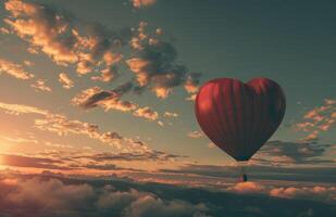 ai gegenereerd rood hart vorm heet lucht ballon in de lucht foto