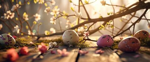 ai gegenereerd voorjaar en Pasen zijn weergegeven in de achtergrond van een houten bureau foto