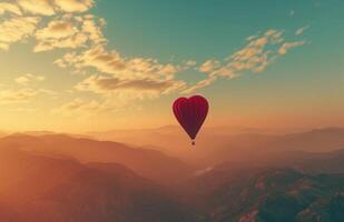 ai gegenereerd rood hart vorm heet lucht ballon in de lucht foto