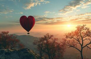 ai gegenereerd rood hart vorm heet lucht ballon in de lucht foto