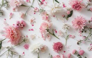 ai gegenereerd omringd door roze en wit bloemen Aan een wit vlak oppervlakte foto