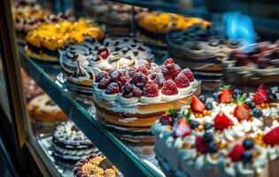 ai gegenereerd Daar zijn veel cakes Aan Scherm in een ondoorzichtig vitrine foto