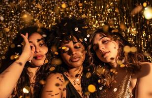 ai gegenereerd drie Dames poseren met confetti partij foto