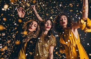 ai gegenereerd drie Dames poseren met confetti partij foto