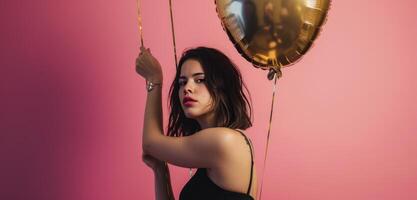 ai gegenereerd vrouw Holding een goud ballon met twee zilver strepen Dames foto