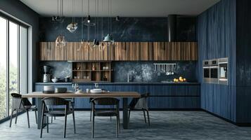 ai gegenereerd een blauw keuken met hout panelen en een tafel foto