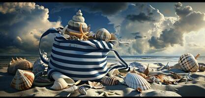 ai gegenereerd een strand zak met zee schelpen, slippers en andere strand accessoires foto