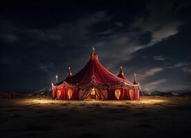 ai gegenereerd een circus tent lit omhoog Bij nacht foto