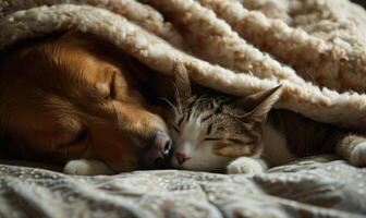 ai gegenereerd een hond en kat in slaap De volgende naar elk andere onder een deken foto
