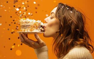 ai gegenereerd vrouw blazen taart Aan oranje achtergrond foto