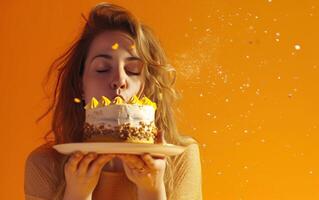 ai gegenereerd vrouw blazen taart Aan oranje achtergrond foto