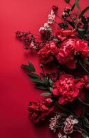 ai gegenereerd Valentijnsdag dag bloemen Aan rood achtergrond foto