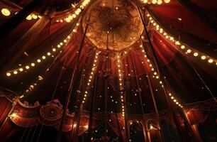 ai gegenereerd een donker en reusachtig circus tent met overhead verlichting foto