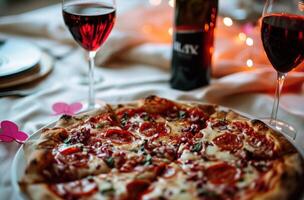 ai gegenereerd Valentijnsdag dag pizza en wijn geschenk foto